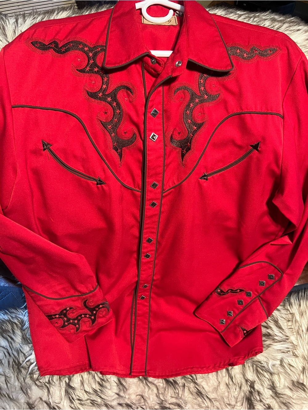 Scully MEN Red & BLK Western Embroidered Diamond Pearl Snap-Front Shirt Sz M